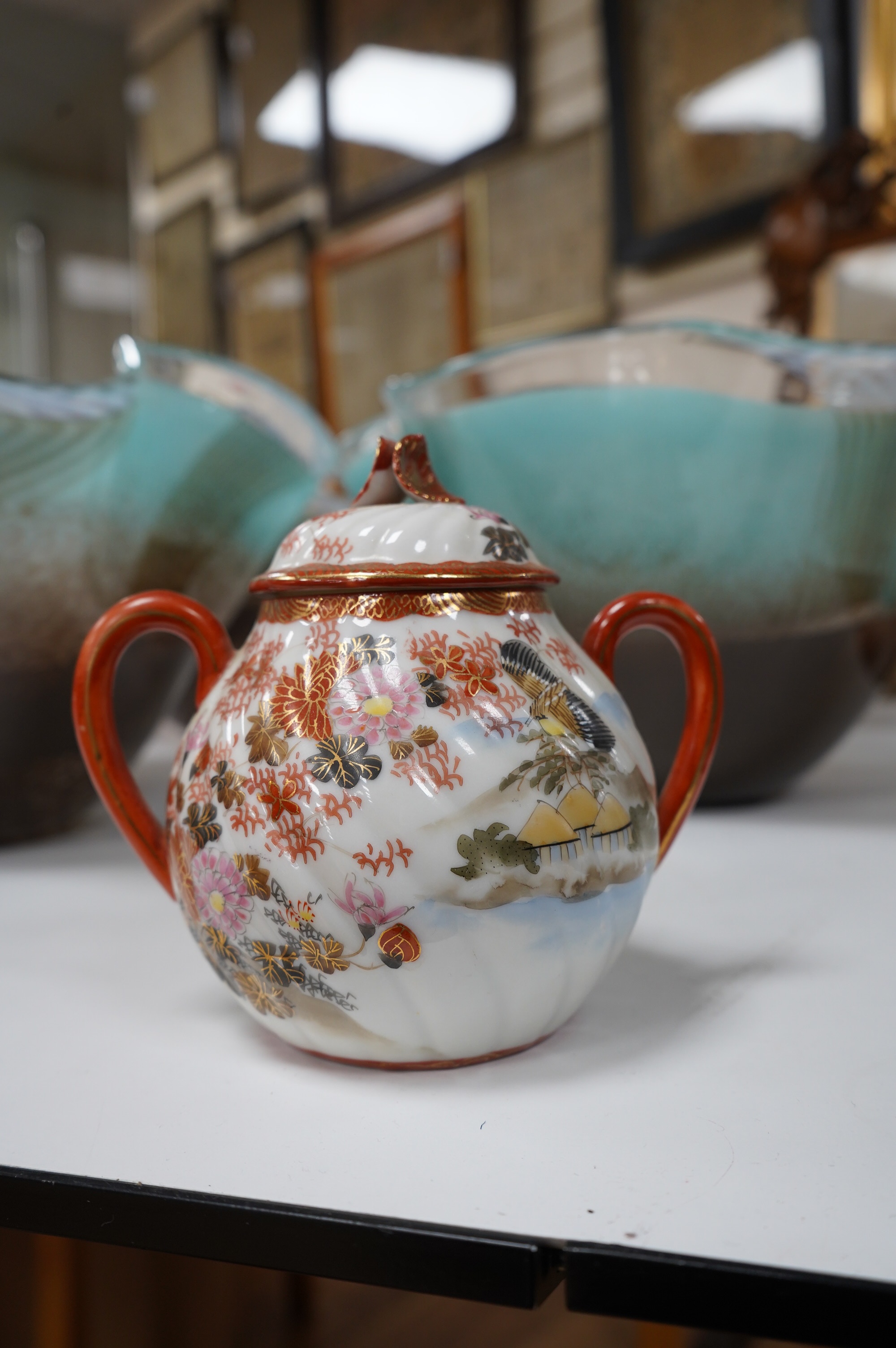 A Japanese egg shell porcelain tea set to include teapot, trios and milk jug. Condition - a few minor breakages, mostly good